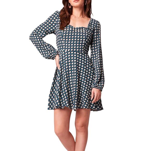 Band of the Free Genevieve Teal Diamond Long Sleeve Boho Mini Dress Size Large - Picture 1 of 9